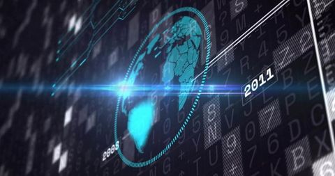 Holographic Global Data Interface with Rotating Neon Globe, Futuristic HUD Timeline