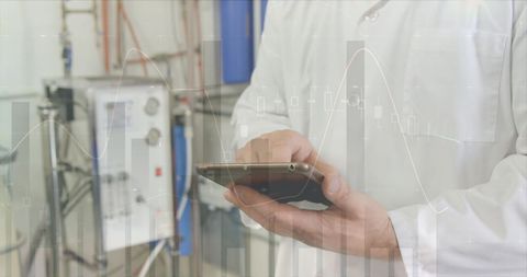 Doctor Analyzing Data on Tablet with Stock Market Overlay