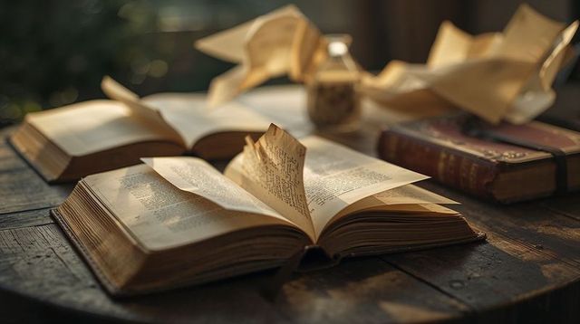 Vintage hardcover books resting on rustic wooden table with sunlit pages and origami cranes