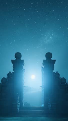 Vertical video of ancient gate swinging open under starry sky revealing moonlit mountain peaks