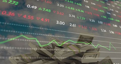 Us dollar cash pile overlaid with stock market tickers and green trend line volatility