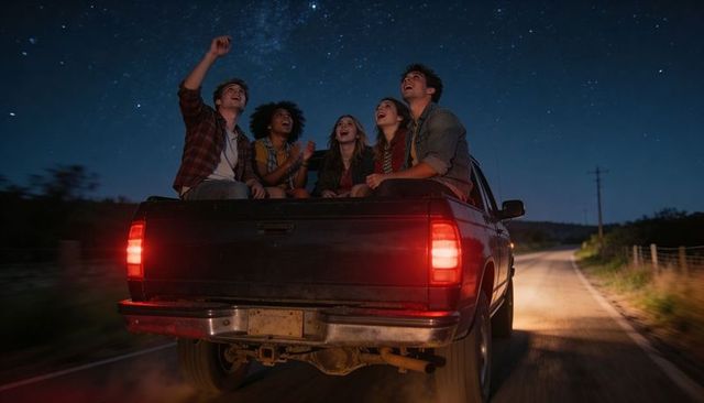Riding pickup bed on night roadtrip under starry sky teens pointing at stars