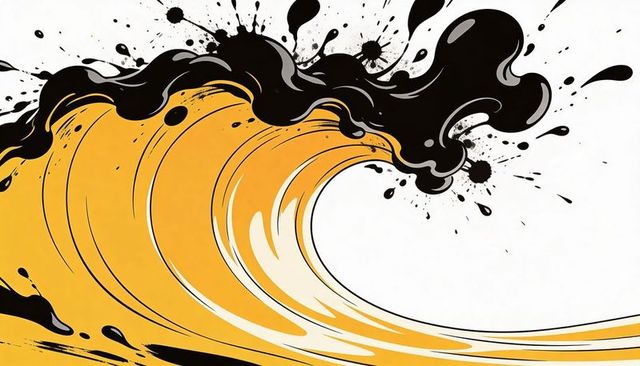 Golden wave curling and splashing with black ink crest flowing duotone abstract