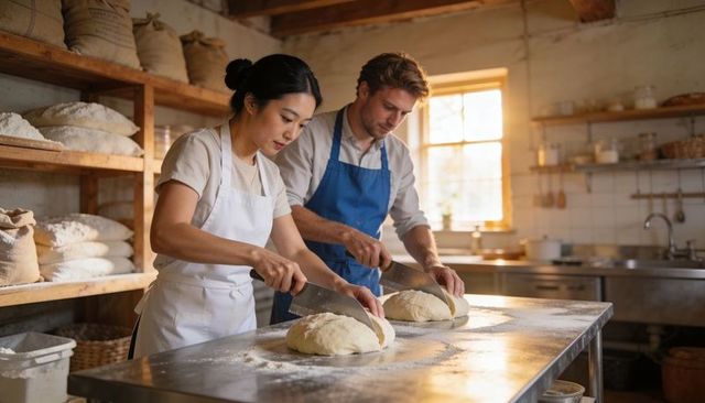 Artisanal bakers portioning dough on stainless steel table in sunlit rustic bakery