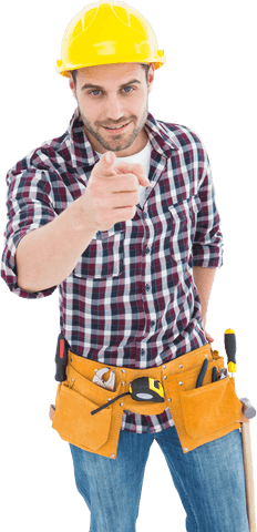 Confident repairman pointing wearing safety gear transparent background