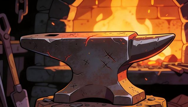 Glowing anvil on wooden stump in rustic blacksmith forge with blazing fire and tools