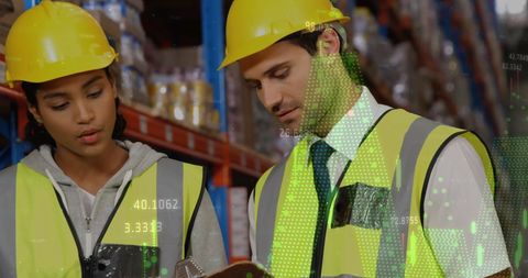 Warehouse Team Analyzing Data with Digital Overlay