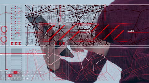 Futuristic Data Interface Overlayed on Man Using Tablet