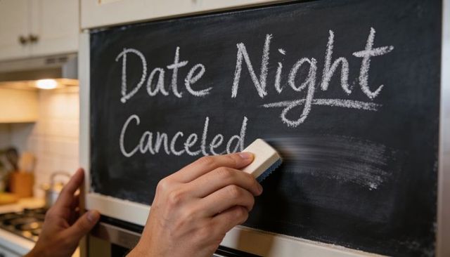Erasing date night canceled on kitchen chalkboard range with blue-edged sponge