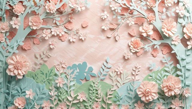 Pastel paper flower garden mural featuring layered 3d papercraft and curled petals