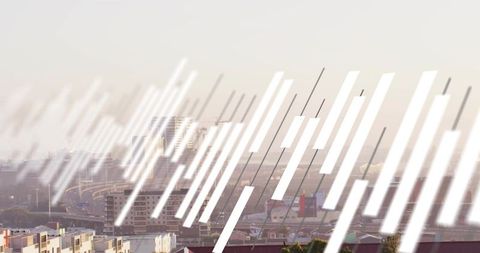 Diagonal white streaks overlaying hazy skyline with highway, overpass and cargo ship