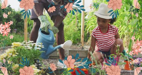 Father and Daughter Gardening Together in Flower-filled Garden