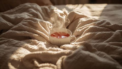 Steaming porcelain teacup on rumpled knit bedspread with warm sunlight and cozy texture