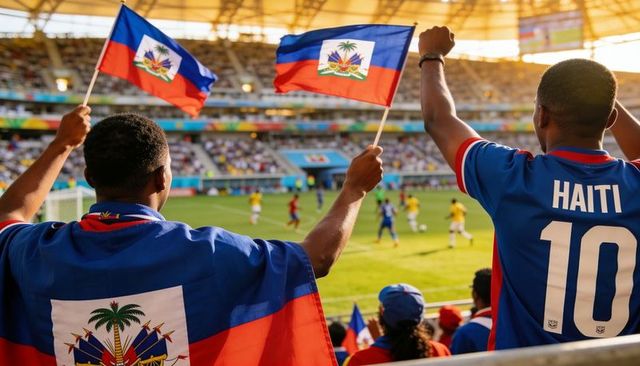 Haitian fans cheering and waving flags wearing jersey 10 at sunny football stadium