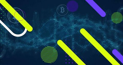 Neon Blockchain Waveform Featuring Lime Bars and Bitcoin Icon for Fintech Background
