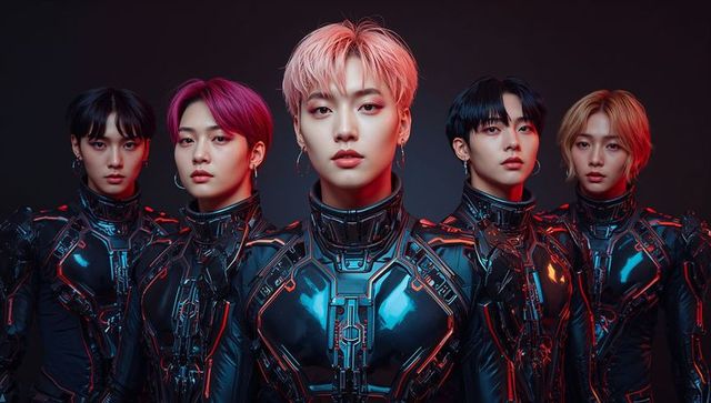 Futuristic team in black armor with neon aesthetics