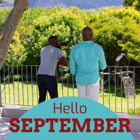 Father and Son Enjoying Autumn View in Garden