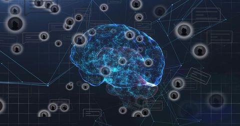 Glowing neural network brain visualizing ai connections with pulsing avatar nodes
