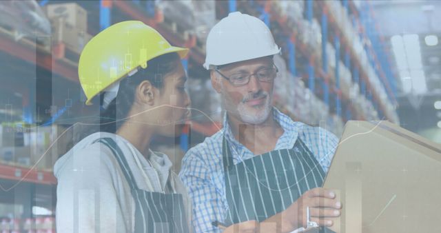 Warehouse workers collaborating on inventory checklist while wearing safety gear, surrounded by shelves. Useful for topics related to logistics, teamwork, inventory management, and industrial work environments.