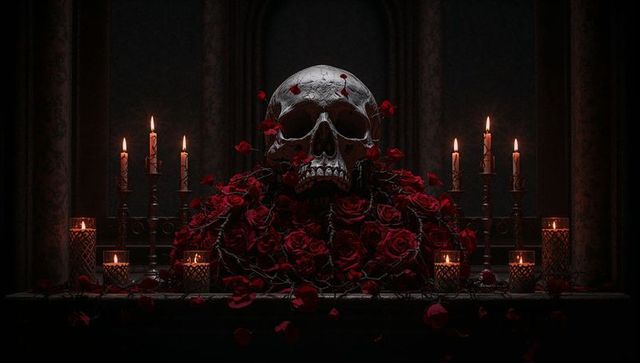 Gothic skull and roses altar with flickering candles