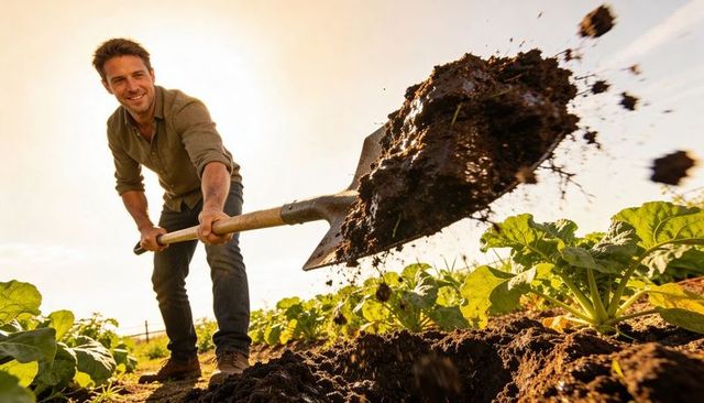 Gardener Tossing Rich Soil with Shovel in Dynamic Sunlit Vegetable Bed at Golden Hour