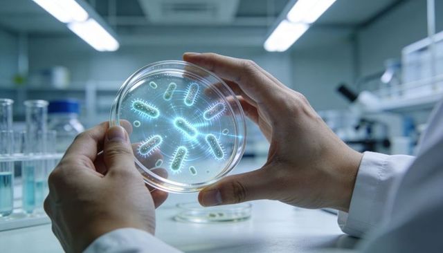 Scientist Holding Petri Dish with Glowing Bacteria Hologram for Microbiology Research