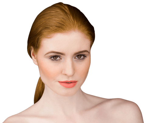 Redheaded woman looking gracefully forward against transparent background. Perfect for beauty campaigns, cosmetics marketing, or illustrations needing portrait focus. Aids designs requiring easy integration of natural grace and elegance.