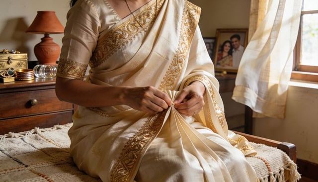 Woman arranging cream traditional silk saree pleats with ornate gold border on woven bedspread