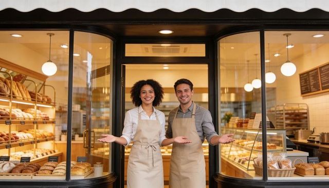 Welcoming bakery staff greeting customers at sunlit storefront with fresh bread display