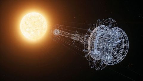 Orbiting wireframe space station glowing near bright star with spherical hub and truss