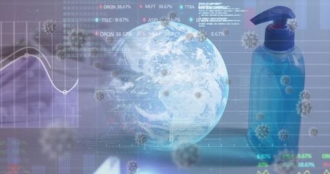 Hand sanitizer with global pandemic and virus overlay