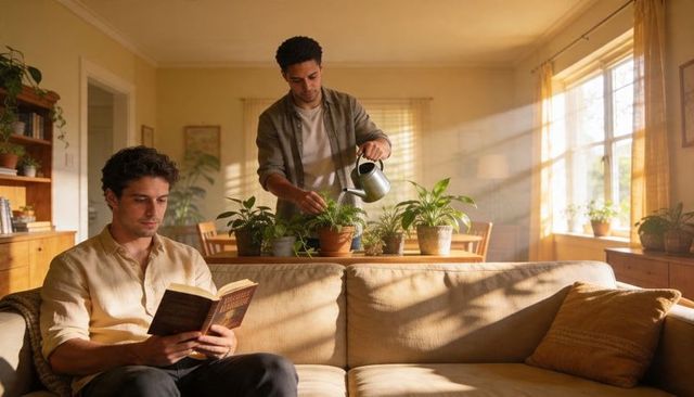 Sunlit living room two men reading and watering houseplants during lazy afternoon