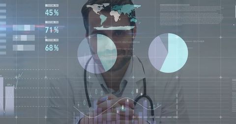 Doctor Analyzing Futuristic Medical Data Metrics in Research Lab