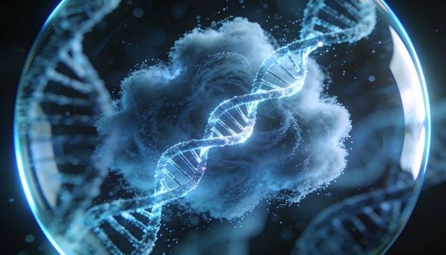 Luminescent dna double helix encapsulated in glass sphere with nebula particle cloud