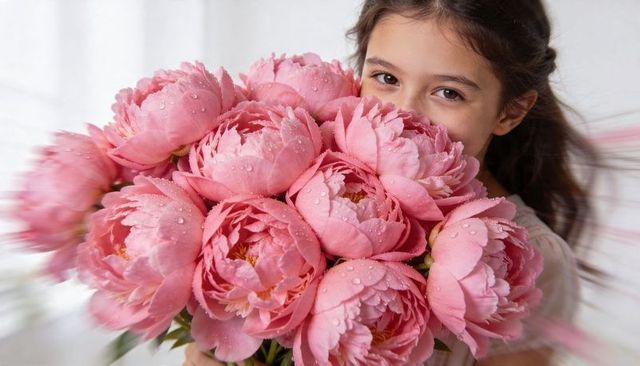 Peeking girl holding oversized dewy pink peony bouquet, soft pastel dreamy portrait