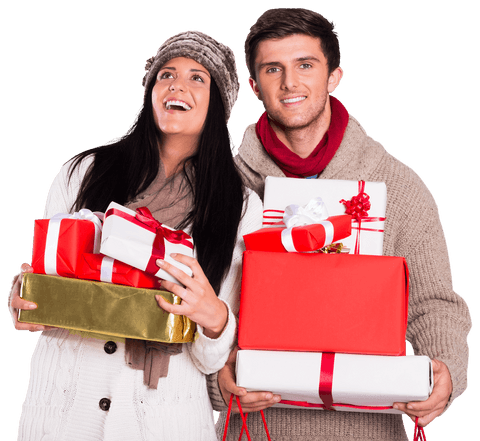 Happy Couple Holding Transparent Gift Boxes in Winter Clothes