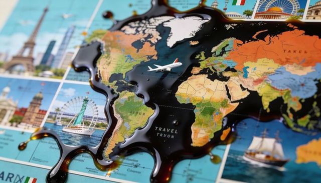 Glossy dark spill crossing atlantic on world map with miniature airplane