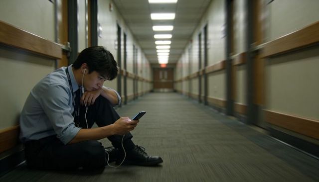 Young man sitting in campus corridor scrolling smartphone with earbuds and lanyard badge