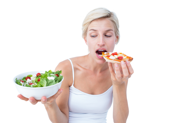 Pretty Woman Choosing Pizza Over Bowl of Salad, Transparent Background - Download Free Stock Videos Pikwizard.com