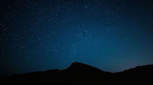 Milky way stretching over jagged mountain ridge silhouette under starry night sky