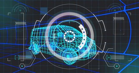 Futuristic Hovering Vehicle Wireframe on Digital Interface