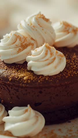 Vertical Cinematic Close-Up of Chocolate Cake with Cream Swirls and Gold Crumbs