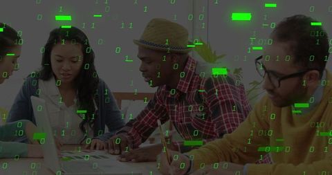 Diverse Team Collaborating with Binary Code Innovation Overlay