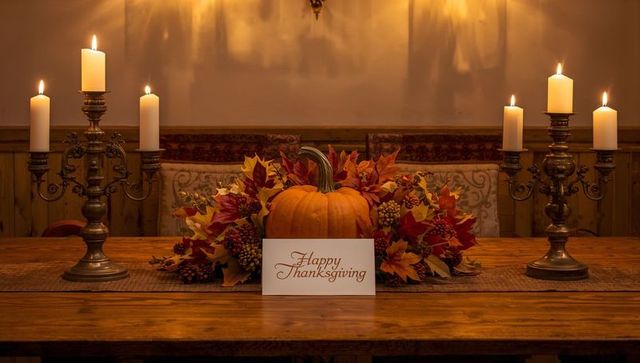 Cozy Thanksgiving Table Celebrating Autumn with Pumpkin Centerpiece and Candlelight