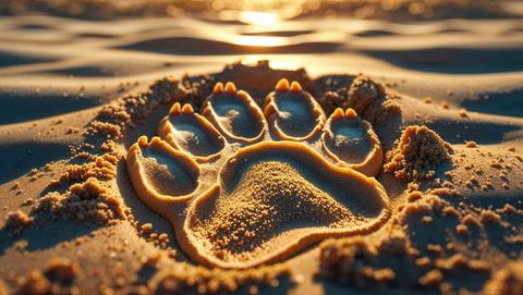 Large paw print in wet sand at sunrise