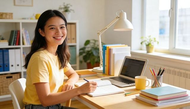Smiling student writing in notebook at bright home study desk with laptop and notebooks