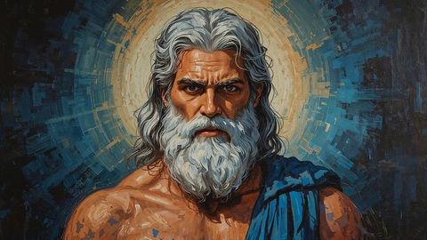 Mythical deity zeus with halo in abstract portraiture style