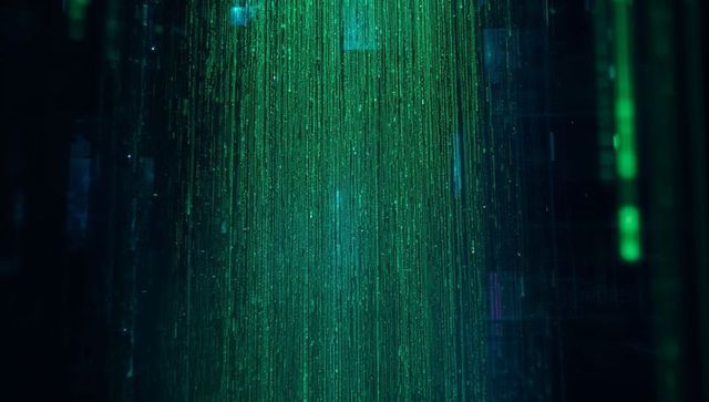 Cascading green data streams in futuristic digital landscape
