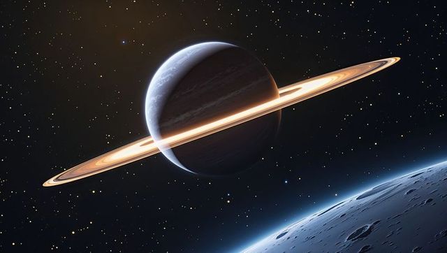 Scenic view of ringed gas giant and cratered moon in cosmic space