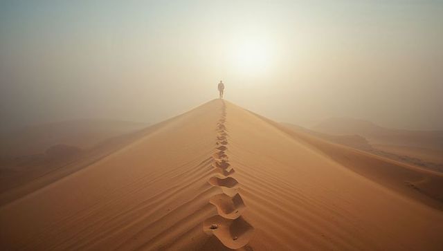 Silhouetted Figure Walking along Majestic Desert Dune